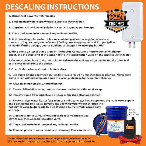Instructions for using the Tankless Water Heater Descaler Kit with 3.5 Gallon Bucket, 1/6 HP Pump, and Dual Steel Hoses.