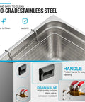 Close-up of the Professional 6 Liter Commercial Ultrasonic Cleaner 40Khz showing food-grade stainless steel, handles, and drain valve.