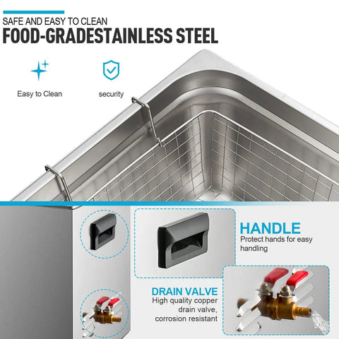 Close-up of the Professional 6 Liter Commercial Ultrasonic Cleaner 40Khz showing food-grade stainless steel, handles, and drain valve.
