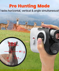 Hand holding Golf Rangefinder With Slope And Red Backlight, 1500-Yard Laser, 0.3s FlagLock Vibration, 7X Magnification with deer viewfinder.