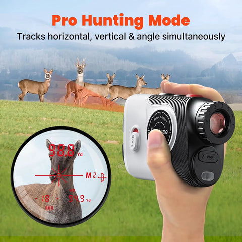 Hand holding Golf Rangefinder With Slope And Red Backlight, 1500-Yard Laser, 0.3s FlagLock Vibration, 7X Magnification with deer viewfinder.