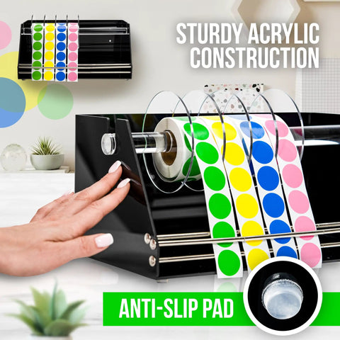 Rock Solid Acrylic Label Dispenser With Grippy Non Slip Base for sticker rolls, showing multi-color dots and anti-slip pad.