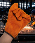Full Leather Short Welding Gloves For Men, Heat Resistant And Abrasion Resistant Hand Protection, orange glove in workshop