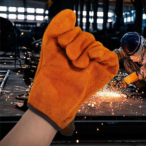 Full Leather Short Welding Gloves For Men, Heat Resistant And Abrasion Resistant Hand Protection, orange glove in workshop