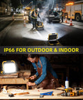 14400 Lumens LED Work Light With 120W Flood Light illuminating job site and indoor workshop, showcasing IP66 waterproof construction.