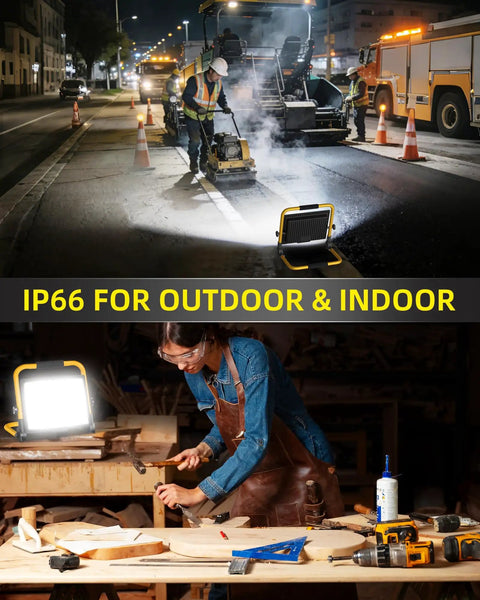 14400 Lumens LED Work Light With 120W Flood Light illuminating job site and indoor workshop, showcasing IP66 waterproof construction.