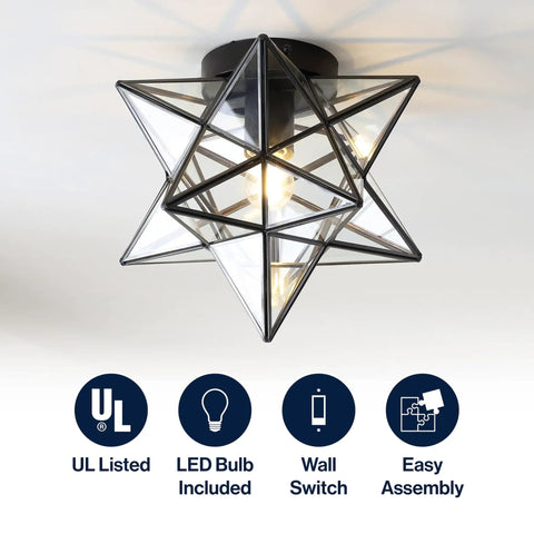 Slick 12 Inch Nickel Moravian Star LED Flush Mount Ceiling Light With Clear Glass Shade Geometric Iron Lantern For Entryway Hallway Foyer Energy Efficient LED Bulb Included showing design details