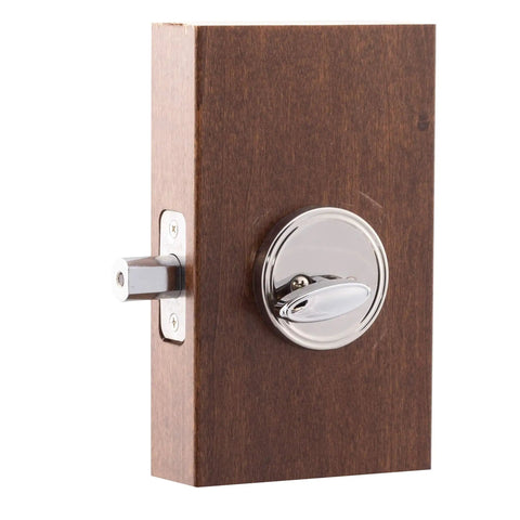 Side view of Single Cylinder Deadbolt DB2410PS With Polished Stainless Finish Key Lock ANSI Grade 3 Security on wood mockup
