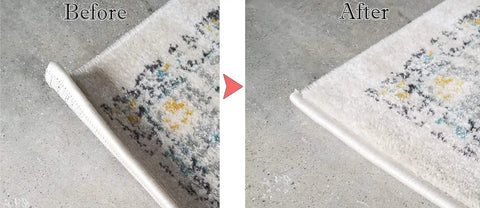 Non Slip Rug Grippers For Every Floor, V Shaped Corner Anti Curling Pads in use on corner of area rug showing before and after effect