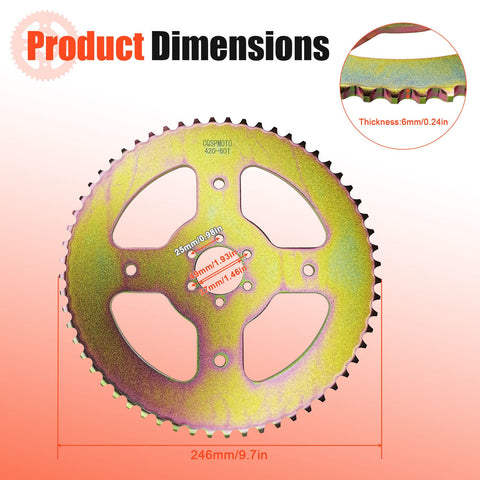 60T 420 Sprocket With 37mm Bore 6 Hole Mount High Torque Rear Chain Sprocket for Mini Bikes with measurements and dimensions