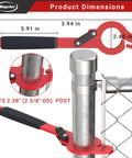 Heavy Duty Fence Stretcher Tool For Chain Link Fabric Upgraded One Person Operation Fence Puller With Nine Inch Pull Range Fits 2 3 Eighths Inch OD Posts 1 Pack Easy Hang Align And Light Tension installed on metal post