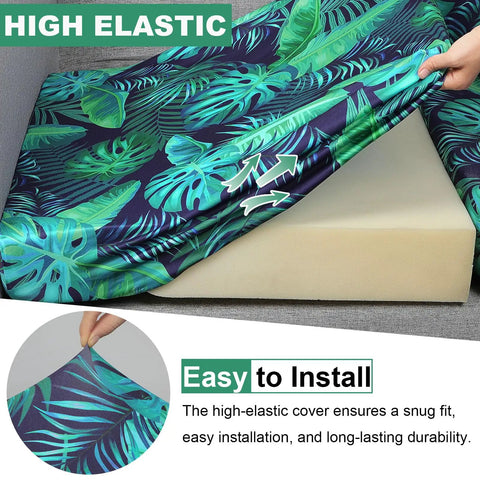 Person fitting a Palm Leaves Patio Cushion Covers Set 8 Pieces Stretch Outdoor Slipcovers For Cushions 20 To 27 Inches With Elastic Bottom