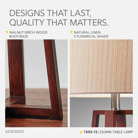 Quinn Table Lamp With Walnut Birch Wood Base And Natural Linen Shade, Modern Nightstand End Table Or Desk Light, Adjustable 3 Way Mood Lighting For Living Room Or Home Office, Chill Vibe And Warm Glow