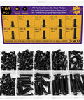 163 Piece M4 Pan Head Machine Screws Kit Black High Hardness Carbon Steel assortment of 163 black screws in various lengths.