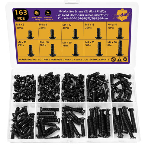 163 Piece M4 Pan Head Machine Screws Kit Black High Hardness Carbon Steel assortment of 163 black screws in various lengths.