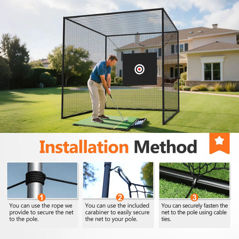 Man setting up Backyard Batting Cage Netting With Target 10ft By 10ft By 10ft Frame Not Included Includes 4 Carabiners And 2 Tie Ropes Durable Polyester Mesh For Baseball Practice Black in backyard with installation method details.