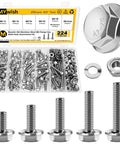 224Pcs M6 Flange Bolt Set With Hex Heads Flange Nuts And Washers 304 Stainless Steel M6x1.0 Threads Includes 12 16 20 25 30mm Lengths Metric DIN 6921 Bolts Durable Corrosion Resistant Hardware Kit displayed in a box with individual bolts and nuts arranged