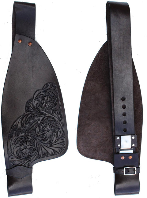 Western Style Adult Saddle Fenders in Tooled Brown Full Grain Leather Replacement Adjustable Fenders with Hand Tooled Border visible