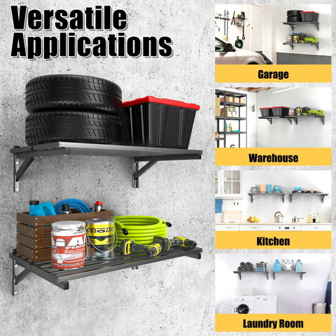 Heavy Duty Garage Wall Shelves 2 Pack Wall Mounted Storage Shelves Black Holds Up To 800 Lbs And Made From Rust Resistant Steel For Tough Long Lasting Garage Organization