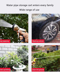 Premium Garden Hose Reel Featuring Easy Rewind Lightweight Build And Six Function Spray Nozzle in use for garden sprinkling and washing vehicle.