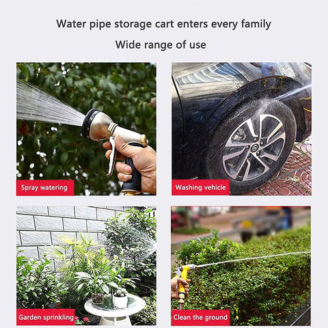 Premium Garden Hose Reel Featuring Easy Rewind Lightweight Build And Six Function Spray Nozzle in use for garden sprinkling and washing vehicle.