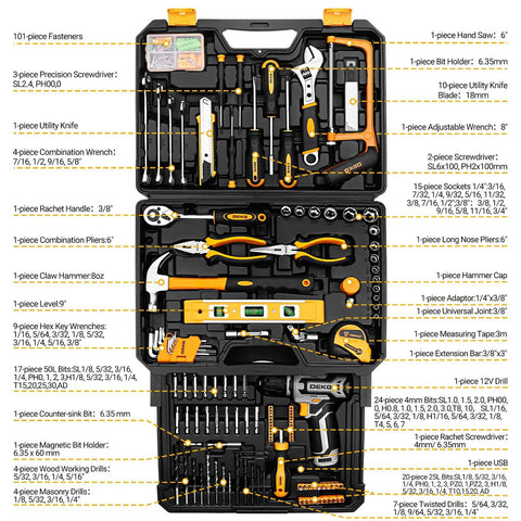 Home Mechanic Tool Box Set With 12V Cordless Drill For DIYers Handy Tools Kit In Portable Drawer Toolbox Organizer