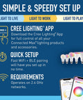 Instructions for setting up Cree Lighting app with Connected Max bulbs and WiFi, showing phones and BLE pairing icons.
