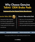 Comparison chart of genuine Tektro OEM brake pads and generic aftermarket pads; highlights precision fit and quality.