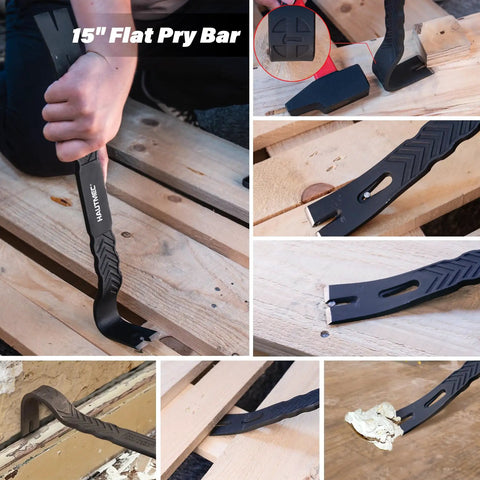 15-inch flat pry bar from 3 Piece Pry Bar Set used for lifting pallets in demolition work