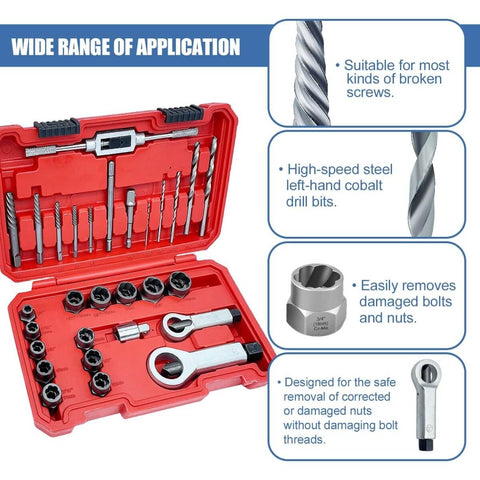 Impact Bolt And Nut Removal Drill Bit Kit With 13 Bolt And Nut Removers 5 Screw Extractors in a red case with tools visible
