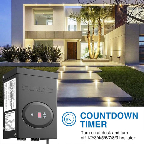 120W Low Voltage Landscape Transformer With Timer And Photocell Sensor in a garden lighting setting