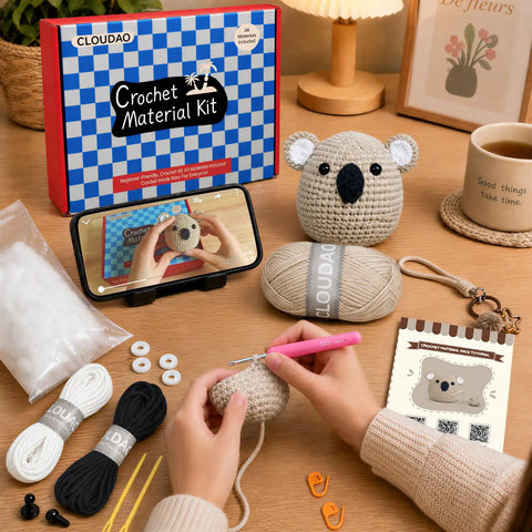 Person using Beginner Crochet Kit For Amigurumi Lovers, All In One Starter Set With Yarn, Crochet Hook, making a koala.