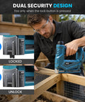 Makita 18V Compatible Cordless Brad Nailer And Stapler 2 In 1 For 18ga Fasteners showing dual security design lock features.