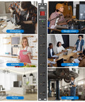 Heavy Duty 8 Outlet Metal Power Strip With 2100J Surge Protector shown in various settings like workshop, studio, office, home, and garage