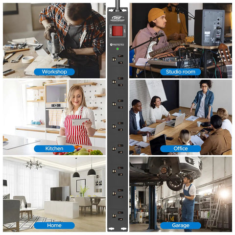 Heavy Duty 8 Outlet Metal Power Strip With 2100J Surge Protector shown in various settings like workshop, studio, office, home, and garage