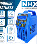 Image showcasing Beefy Quad 100W X4 Battery Balance Charger with 12A AC/DC Power, highlighting charger features and NHX branding.
