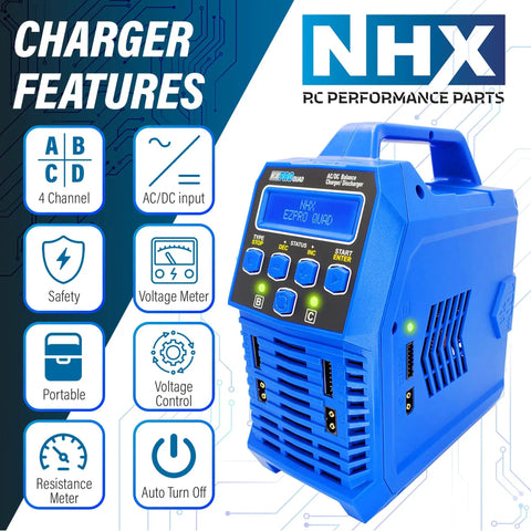 Image showcasing Beefy Quad 100W X4 Battery Balance Charger with 12A AC/DC Power, highlighting charger features and NHX branding.