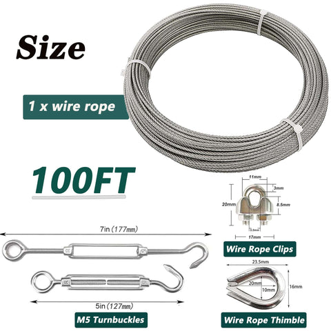 1/8 Inch Stainless Steel Wire Rope Cable Kit 100 Ft Long 7x7 Strands With Sleeves Thimbles And Clips Heavy Duty Outdoor Hanging