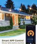 Smart Outdoor String Lights 123 Ft With 40 Dimmable Edison Bulbs IP65 Weatherproof WiFi App Control illuminating house facade
