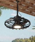 Outdoor Ceiling Fan With Light And Remote, 20 Inch, IP65 Waterproof, black metal frame, PC blades, under gazebo in rain