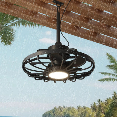 Outdoor Ceiling Fan With Light And Remote, 20 Inch, IP65 Waterproof, black metal frame, PC blades, under gazebo in rain