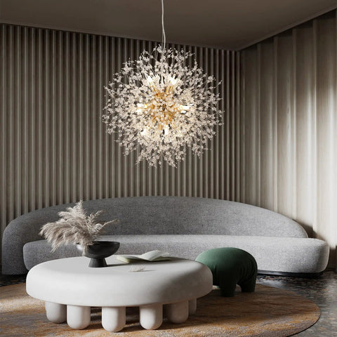 Gold 12 Light Modern Crystal Firework Chandelier With Dandelion Burst Design 21.6 Inch in a stylish living room setting.