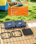 Beefy Two Burner Camp Stove With Foldable Griddle components on table, includes grates, gas pipe, and grill pan