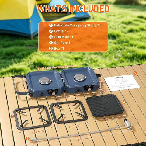 Beefy Two Burner Camp Stove With Foldable Griddle components on table, includes grates, gas pipe, and grill pan