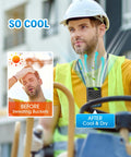 Construction worker with AI Portable Waist Clip Fan With 10000mAh Battery, showing before and after cooling effects in outdoor setting.