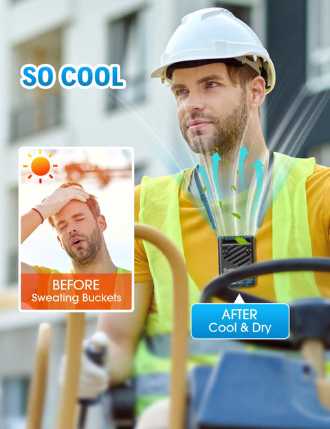 Construction worker with AI Portable Waist Clip Fan With 10000mAh Battery, showing before and after cooling effects in outdoor setting.
