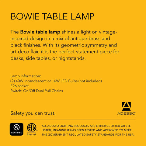Yellow product information card for Bowie Table Lamp with details on design, lamp specifications, and safety certifications.