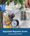 Front view of Camco adjustable brass RV/marine water pressure regulator with gauge, attached to blue hose.