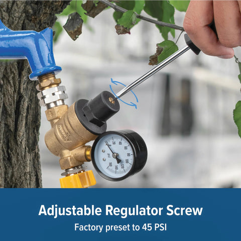 Front view of Camco adjustable brass RV/marine water pressure regulator with gauge, attached to blue hose.