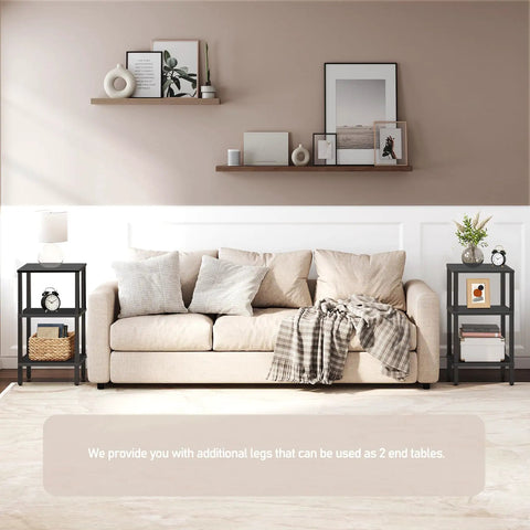 Tall Narrow Bookshelf Featuring Six Tier Open Shelves Compact Slim Design Versatile End Table Pair against a cozy sofa setting.